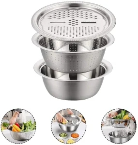 Multifunctional 3PCS Grater Set Stainless Steel Colander Mixing Bowls Washing