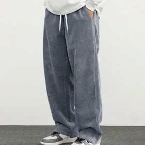 High Street Fashion Leisure Solid Color Corduroy Wide Leg Pants Men Custom High Quality Mens Sweatpants With Drawstring