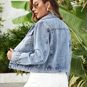 Women's Light Wash Pearl Studded Cropped Denim Jacket with Button Front
