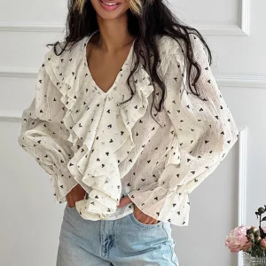 Runwaylover 2687 Transparent 2024 Ladies Sexy Flare Sleeve Printed Blouse