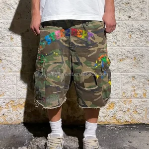 Utility Pocket Camo Distressed Cargo Jeans Raw Edge Camo Men Cargo Pants Shorts Denim Manufacturer Custom