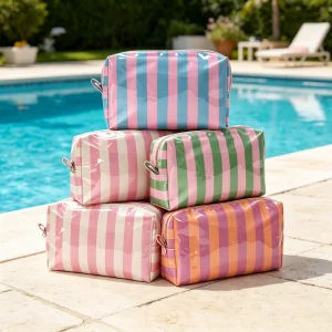 Clear Stripe Makeup Bag Waterproof PVC Toiletry Organizer Travel Cosmetic Pouch Large Capacity Vanity Case for Women Girls