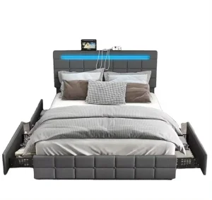 Yjx Full Size Bed Frame with USB Charging Station &amp; LED Lights