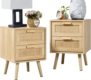 Nordic-Inspired Solid Wood Nightstand with 2 Handwoven Rattan Drawers (40×39.5×55cm) for Bedroom Spaces