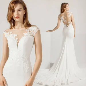 Vestido de Festa para Mulheres em Chiffon com Mangas Cap Sexy Estilo Sereia para Casamento