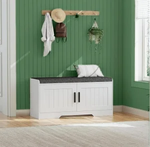 Entryway Shoe Bench with Storage, White Farmhouse Shoe Storage Bench with Padded Seat &amp; Cabinet Doors