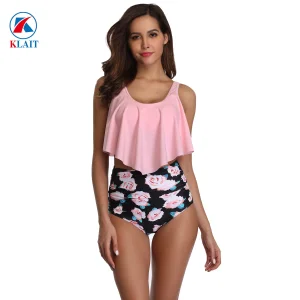 Top Ruffled Print Rose High Waisted Bottom Swimwear Two Piece Female Bathing Suit