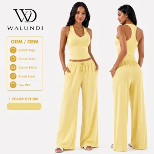 Casual Wide Leg Yoga Set Women Loungewear 2 Piece Loose Fit Sleeveless Racerback Tank Top Palazzo Pants Pockets Travel Outfit