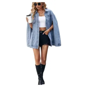 Amazon Best Selling Women's Denim Jacket New Design Oversized Distressed Denim Asymmetrical Hem Coat