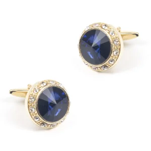 Custom Fashion Round Shaped Blue Golden Custom Stone Gold Plated Cufflinks For Men Shirt CS0077-GL Factories, Exporter