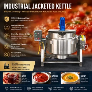 Panela de Cozinha Industrial 300L Caldeira Cozinhada a Vapor com Misturador Cozinhador de Dupla Jaqueta para Produção de Sopa Molho Geleia