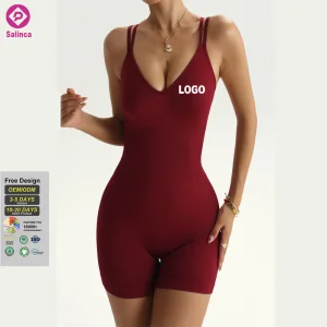 Custom Logo Women Summer Sleeveless Jumpsuit Backless Quick-drying Ribbed Bodysuit Yoga Wear Cross-strap Athletic Yoga Jumpsuit