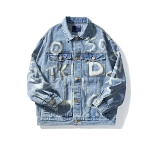 High Streetwear Oversized Vintage Print Distressed Mens Jackets Washed Denim Jacket for Men Stylish