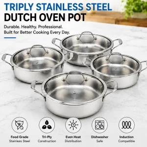 Factory New Arrival Tri-ply Stainless Steel Dutch Oven Cooking Pot Set Eco-Friendly Oven Safe Tempered Glass Lid Dishwasher Safe