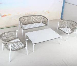 Factory Hot Sale Minimalist Outdoor Garden Furniture Durable Aluminum Frame Woven Rope Sofa Set with Rectangle Coffee Table for Hotel Patio
