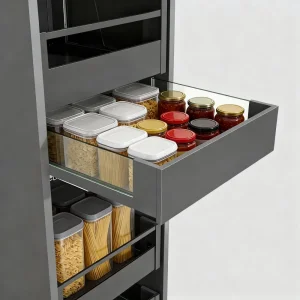 Custom Size Transparent Glass Sided Slim Double Wall Steel Contemporary Heavy Duty Soft Closing Kitchen Drawer System Adjustable