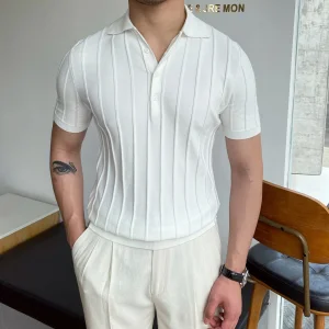 VSCOO 2024 Wholesale Old Money Ribbed Knitted Cotton Vintage Knit Polo Shirt Men Custom Short Sleeve Sweater T Shirt For Men