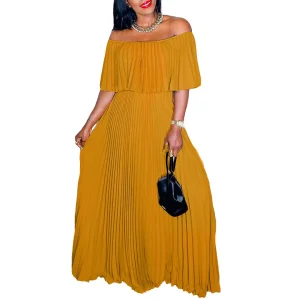 Latest Design Sexy Slash Neck off Shoulder Maxi Dress Ladies Girls Party Dress Women Elegent Pleated Dress