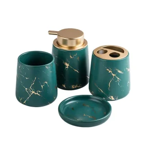 Custom Emerald Green Marble-Pattern Luxury Ceramic Bathroom 4-Piece Set Factories, Products