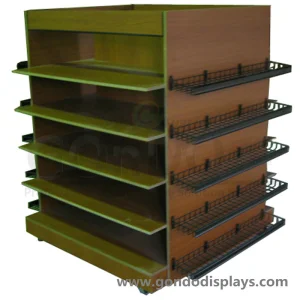 Retail Display Design 4-Sided Wooden Book Shelf with Metal Wire Shelves