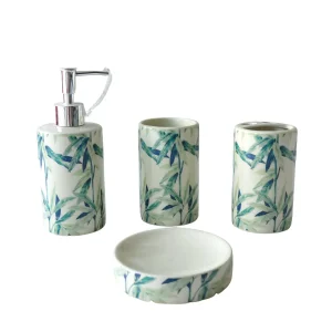 ODM Fresh Blue Green Bamboo Leaf Printed Ceramic Bathroom Set Supplier, Product