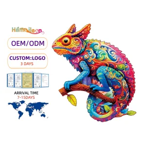 Hamaileon Chameleon Pattern 3D Wooden Jigsaw Puzzle DIY Educational Toys Irregular Animal Shapes Eco-friendly Laser Cutting Ages