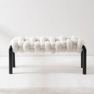 Durable White Boucle Hand-Knitted Bench with Black Iron Frame Modern Upholstered Entryway Bench for Bedroom Living Room