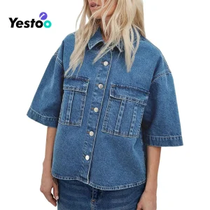 Womens Oversized Short Sleeve Denim Jackets Trendy Cropped Jean Tops Shackets
