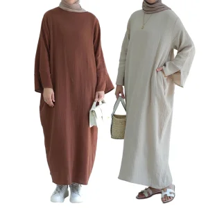 Pure Color Slit Cuff Crepe Cotton Muslim Abaya