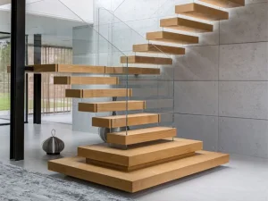 Cbmmart Wood LED Light Floating Staircase Steel Stringer Stairs Tempered Glass Railing