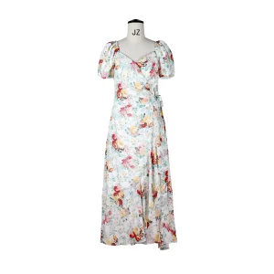 Vestido maxi envolvente com mangas bufantes e estampa floral, com barra em babados para o verão casual e férias