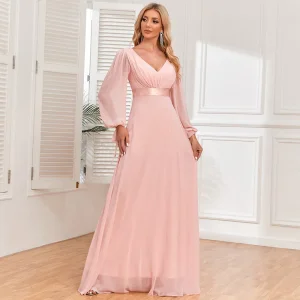 Vestido de noche elegante de doble escote en V con mangas largas de tul brillante, corte A, completamente forrado, para fiestas de boda