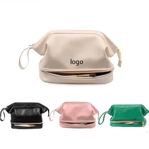 Custom Makeup Bag Leather Double Layer Large Cosmetic Organizer Bag Travel Accessories Toiletry Bag for Women Manufacturer
