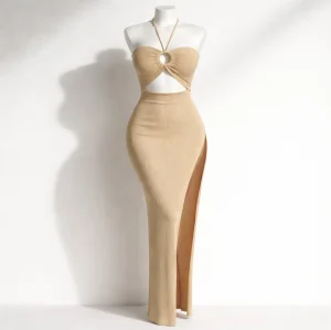 OEM Women's Maternity Strapless Detachable Spandex/Cotton 180g Maxi Off-the-shoulder Sheath High Slit Natural Pattern