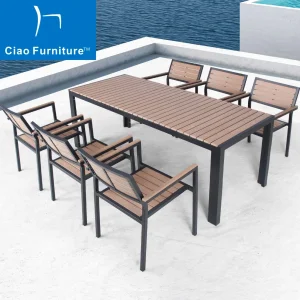 Outdoor Restaurant 7 Pieces Plastic Wood Table Chairs Garden Furniture Dining Set