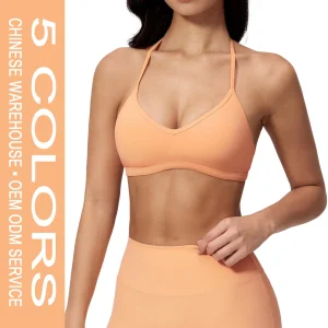 Wirefree V Neck Gym Bra Strap Support Quick Dry Seamless Workout Crop Top Activewear