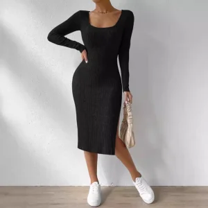 Vestido Longo de Malha com Fenda de Manga Comprida