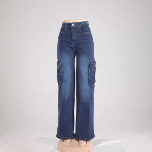Customized Women's Trendy Loose Fit Wide Leg Baggy Denim Pants High Waist Straight Leg Summer Casual Stretchy Trouser Dark Wash
