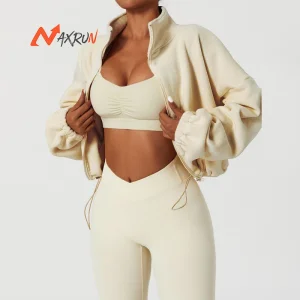 Custom Women's Navy Cropped Zipper Drawstring Hoodie Sexy Blank Fleece Essentials For OEM Yoga Sports Workout Woven Sweatshirts