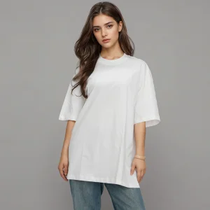 Camiseta Casual Branca de Gola Redonda com Fenda Lateral em Algodão de Bambu, Macia, Respirável e Ecológica, Top de Verão para Mulheres