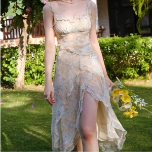 French Style Irregular Hem Slip Dress Women's Summer Fashion Maxi Dress
