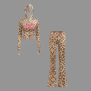 Y2K Clothing Custom Women's Plus Size Fall/Winter Tracksuit Embroidered Leopard Jersey Top with Pants Two Piece Set