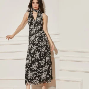 Último Vestido Longo Casual Vintage para Mulheres, Vestido Maxi de Chiffon Floral Estampado para Praia Boho