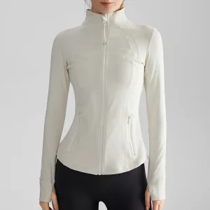 Women's Fashion Fitness Running Jacket - Stand-up Collar, Windproof, Zip-up, Slimming Fit with Pockets, Yoga Outerwear