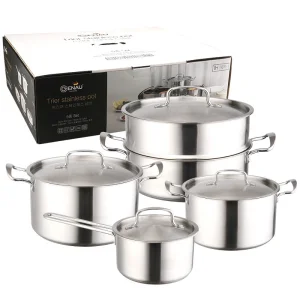 Factory Custom Kitchen Tri-Ply Stainless Steel Soup Steamer Pot Set Glass Lid Cooking Pot Set Cookware Sets