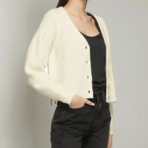 2025 Vintage Ladies V Neck Cardigan Sweater Fashionable Casual Style Short Length Knitted for Spring Season Front Logo Placement