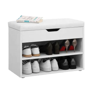 Wholesale Modern Eco-Friendly Living Room White Finish Wooden Entryway Rack Shoe Bench with Cushion