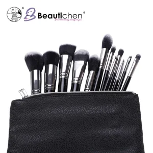 Beautichen 15PCS Professional Black &amp; Silver Makeup Brush Set with Zipper Bag – Premium Synthetic Bristles – Portable Full Cosmetic Brush Kit