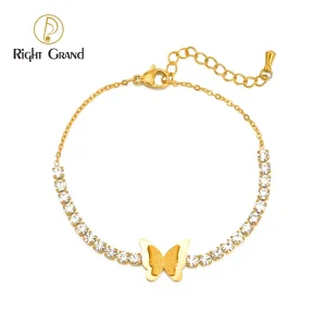 Stainless Steel Cubic Zirconia Gold Tennis Chain Butterfly Charm Bracelet