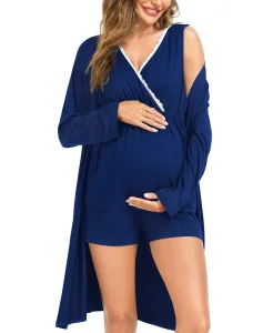 Conjunto de Ropa de Dormir Suave para Lactancia: Camiseta de Pijama, Pantalones Cortos y Bata